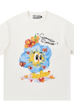 Playful Hand-Painted Apple Tree Print Loose Round Neck Short Sleeve T-Shirt for Men and Women - Casual Unisex Fashion Top