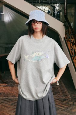 Playful Patchwork Floral Embroidered Loose Short-Sleeve T-Shirt - Energetic National Trend Couple Style, Perfect for Y2K Fashion