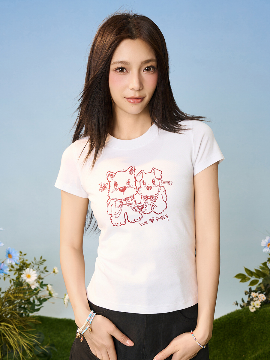 Playful Puppy Hand-Drawn Loose-Fitting Short Sleeve T-Shirt for Couples, Unisex, National Trend, Casual Streetwear Playful Puppy Hand-Drawn Loose-Fitting Short Sleeve T-Shirt for Couples, Unisex, National Trend, Casual Streetwear