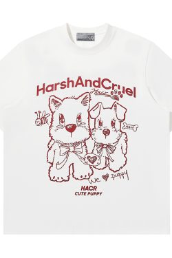 Playful Puppy Hand-Drawn Loose-Fitting Short Sleeve T-Shirt for Couples, Unisex, National Trend, Casual Streetwear