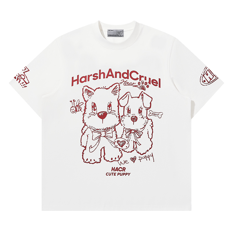 Playful Puppy Hand-Drawn Loose-Fitting Short Sleeve T-Shirt for Couples, Unisex, National Trend, Casual Streetwear Playful Puppy Hand-Drawn Loose-Fitting Short Sleeve T-Shirt for Couples, Unisex, National Trend, Casual Streetwear