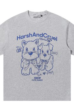 Playful Puppy Hand-Drawn Loose-Fitting Short Sleeve T-Shirt for Couples, Unisex, National Trend, Casual Streetwear
