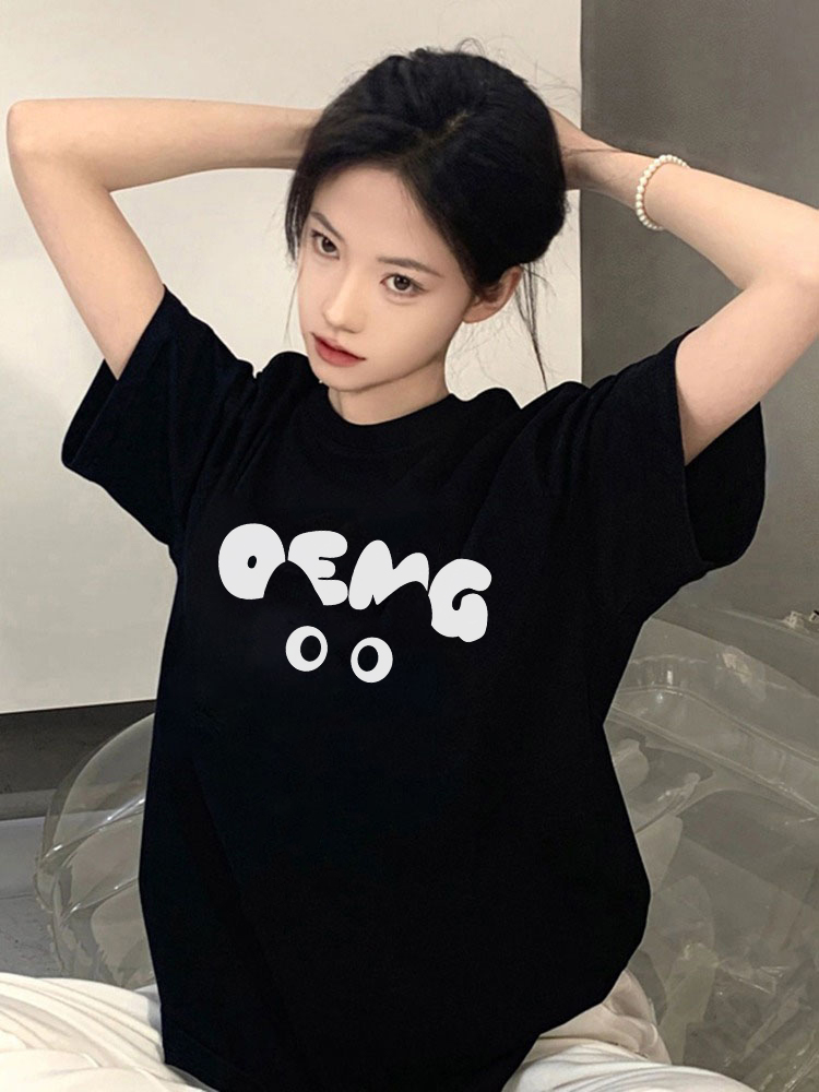 Plus Size American Retro Black Cotton Short Sleeve T-Shirt for Women - Trendy Loose Fit Half Sleeve Top Plus Size American Retro Black Cotton Short Sleeve T-Shirt for Women - Trendy Loose Fit Half Sleeve Top