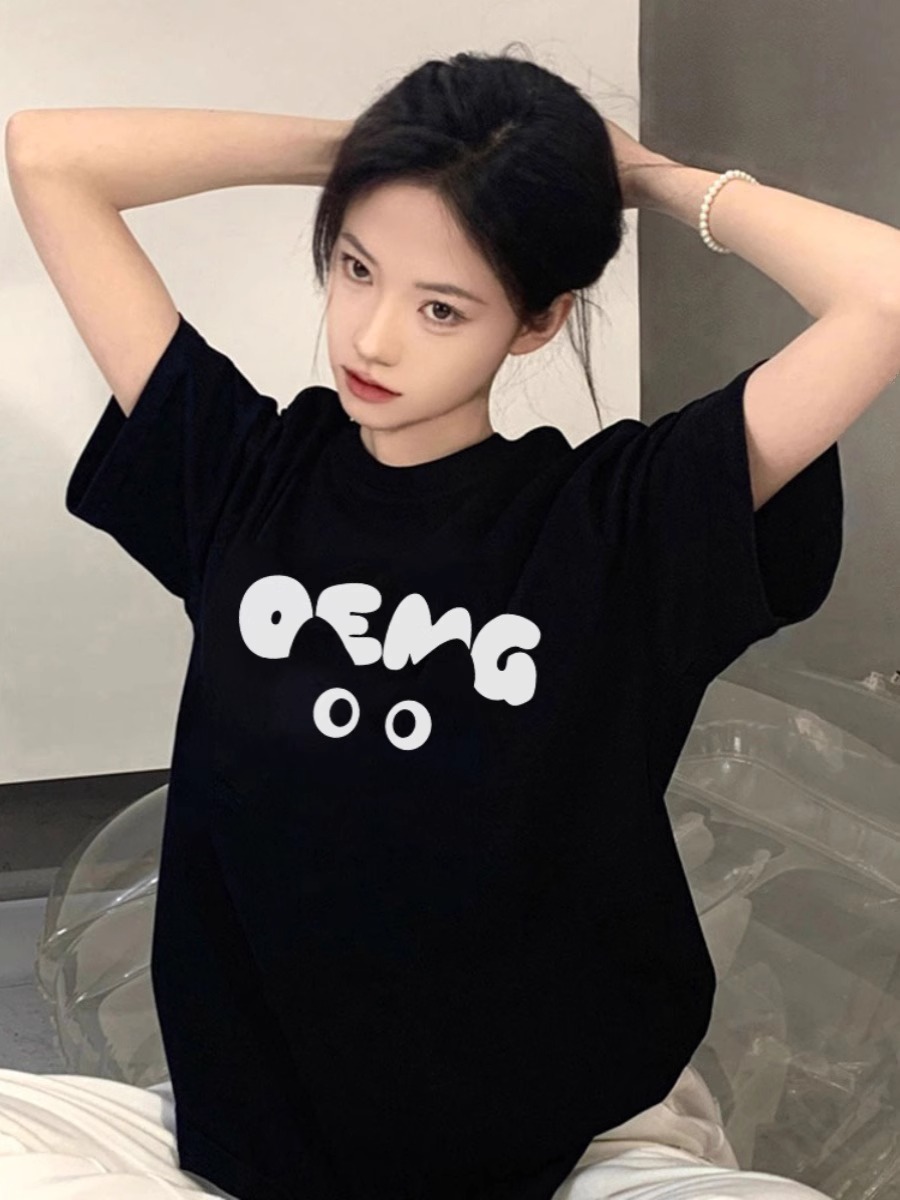 Plus Size American Retro Black Cotton Short Sleeve T-Shirt for Women - Trendy Loose Fit Half Sleeve Top Plus Size American Retro Black Cotton Short Sleeve T-Shirt for Women - Trendy Loose Fit Half Sleeve Top