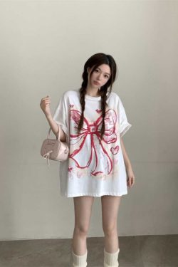 Plus Size American Retro Bow Tie Printed Cotton Short-Sleeve T-Shirt for Women - Loose Mid-Length Casual Style Top