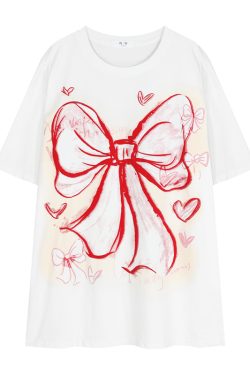 Plus Size American Retro Bow Tie Printed Cotton Short-Sleeve T-Shirt for Women - Loose Mid-Length Casual Style Top