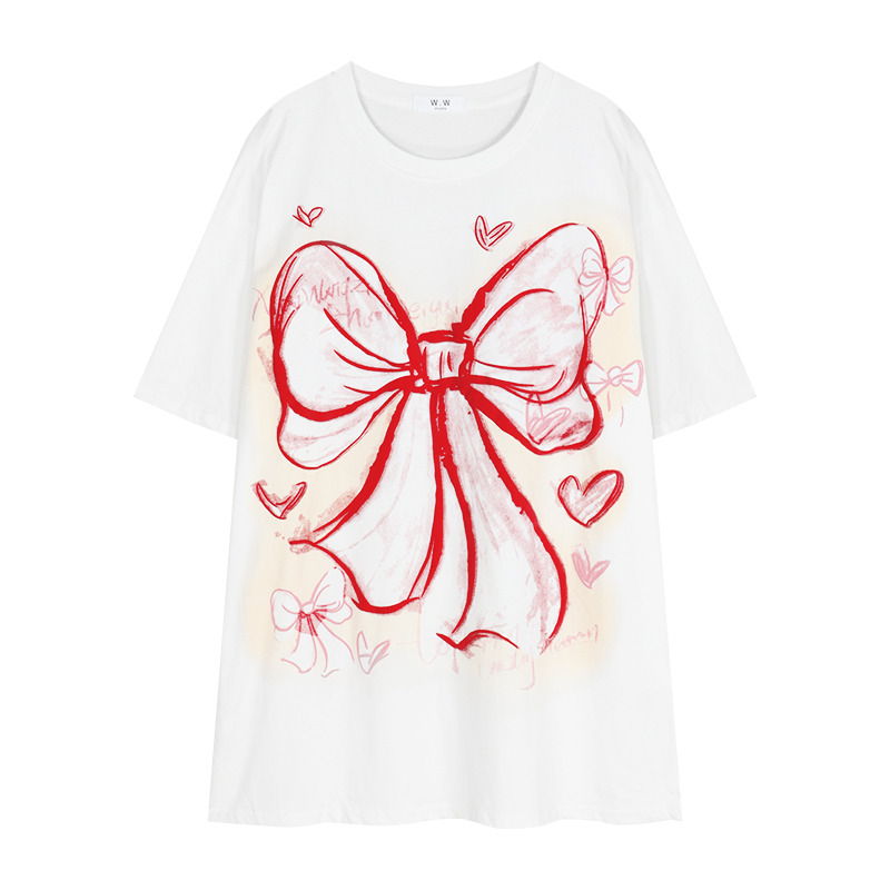 Plus Size American Retro Bow Tie Printed Cotton Short-Sleeve T-Shirt for Women - Loose Mid-Length Casual Style Top Plus Size American Retro Bow Tie Printed Cotton Short-Sleeve T-Shirt for Women - Loose Mid-Length Casual Style Top