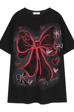 Plus Size American Retro Bow Tie Printed Cotton Short-Sleeve T-Shirt for Women - Loose Mid-Length Casual Style Top