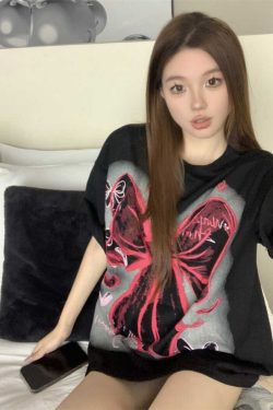 Plus Size American Retro Bow Tie Printed Cotton Short-Sleeve T-Shirt for Women - Loose Mid-Length Casual Style Top