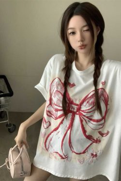 Plus Size American Retro Bow Tie Printed Cotton Short-Sleeve T-Shirt for Women - Loose Mid-Length Casual Style Top