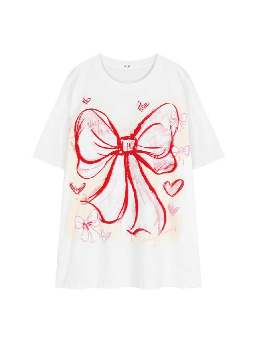 Plus Size American Retro Bow Tie Printed Cotton Short-Sleeve T-Shirt for Women - Loose Mid-Length Casual Style Top Plus Size American Retro Bow Tie Printed Cotton Short-Sleeve T-Shirt for Women - Loose Mid-Length Casual Style Top