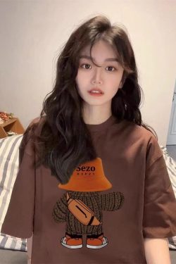 Plus Size American Retro Cartoon Bear Pure Cotton Short Sleeve T-Shirt for Women - Loose Trendy Casual Couple Top