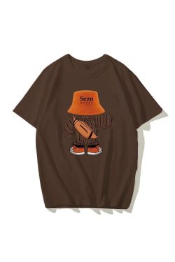 Plus Size American Retro Cartoon Bear Pure Cotton Short Sleeve T-Shirt for Women - Loose Trendy Casual Couple Top