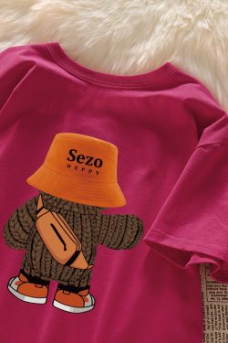 Plus Size American Retro Cartoon Bear Pure Cotton Short Sleeve T-Shirt for Women - Loose Trendy Casual Couple Top