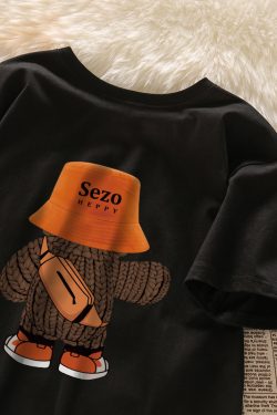 Plus Size American Retro Cartoon Bear Pure Cotton Short Sleeve T-Shirt for Women - Loose Trendy Casual Couple Top