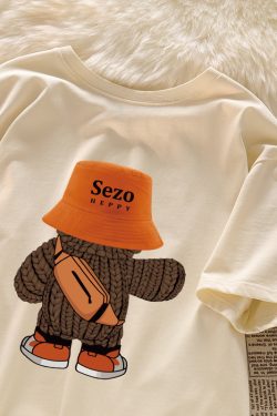 Plus Size American Retro Cartoon Bear Pure Cotton Short Sleeve T-Shirt for Women - Loose Trendy Casual Couple Top