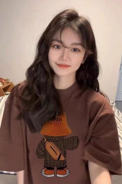 Plus Size American Retro Cartoon Bear Pure Cotton Short Sleeve T-Shirt for Women - Loose Trendy Casual Couple Top