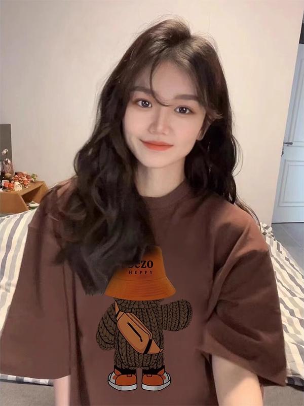 Plus Size American Retro Cartoon Bear Pure Cotton Short Sleeve T-Shirt for Women - Loose Trendy Casual Couple Top Plus Size American Retro Cartoon Bear Pure Cotton Short Sleeve T-Shirt for Women - Loose Trendy Casual Couple Top