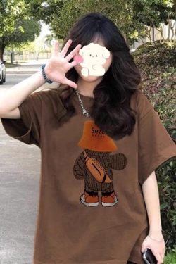 Plus Size American Retro Cartoon Bear Pure Cotton Short Sleeve T-Shirt for Women - Loose Trendy Casual Couple Top