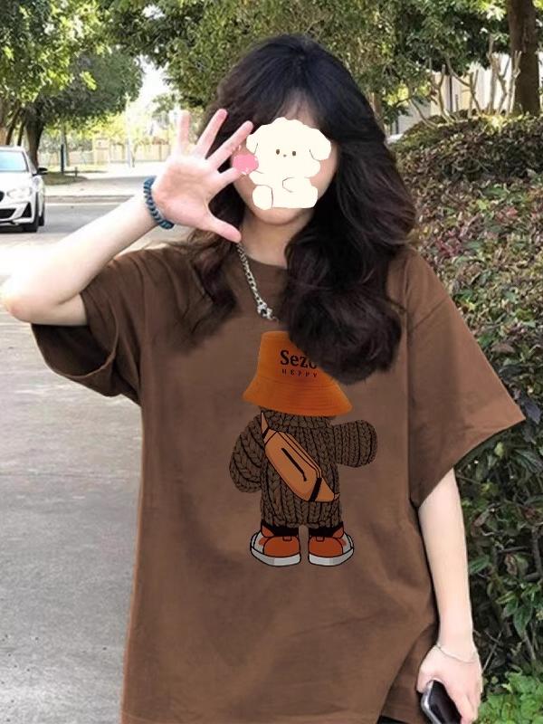 Plus Size American Retro Cartoon Bear Pure Cotton Short Sleeve T-Shirt for Women - Loose Trendy Casual Couple Top Plus Size American Retro Cartoon Bear Pure Cotton Short Sleeve T-Shirt for Women - Loose Trendy Casual Couple Top