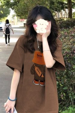 Plus Size American Retro Cartoon Bear Pure Cotton Short Sleeve T-Shirt for Women - Loose Trendy Casual Couple Top