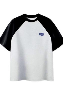 Plus-Size American Retro Color-Block Cotton Short Sleeve T-Shirt for Women, Oversized Raglan Casual Couple Outfit