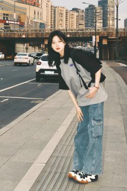 Plus-Size American Retro Color-Block Cotton Short Sleeve T-Shirt for Women, Oversized Raglan Casual Couple Outfit