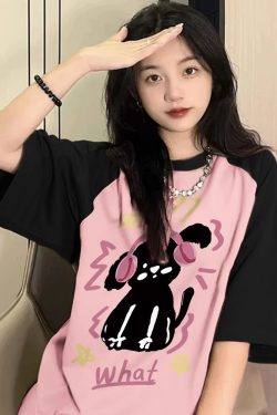 Plus Size American Retro Color-Blocking Cotton Short Sleeve T-Shirt for Women - Niche Couple Raglan Style