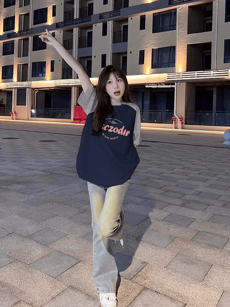 Plus Size American Retro Color-Blocking Raglan Short Sleeve T-Shirt for Women - Trendy Loose Fit Cotton Top Plus Size American Retro Color-Blocking Raglan Short Sleeve T-Shirt for Women - Trendy Loose Fit Cotton Top