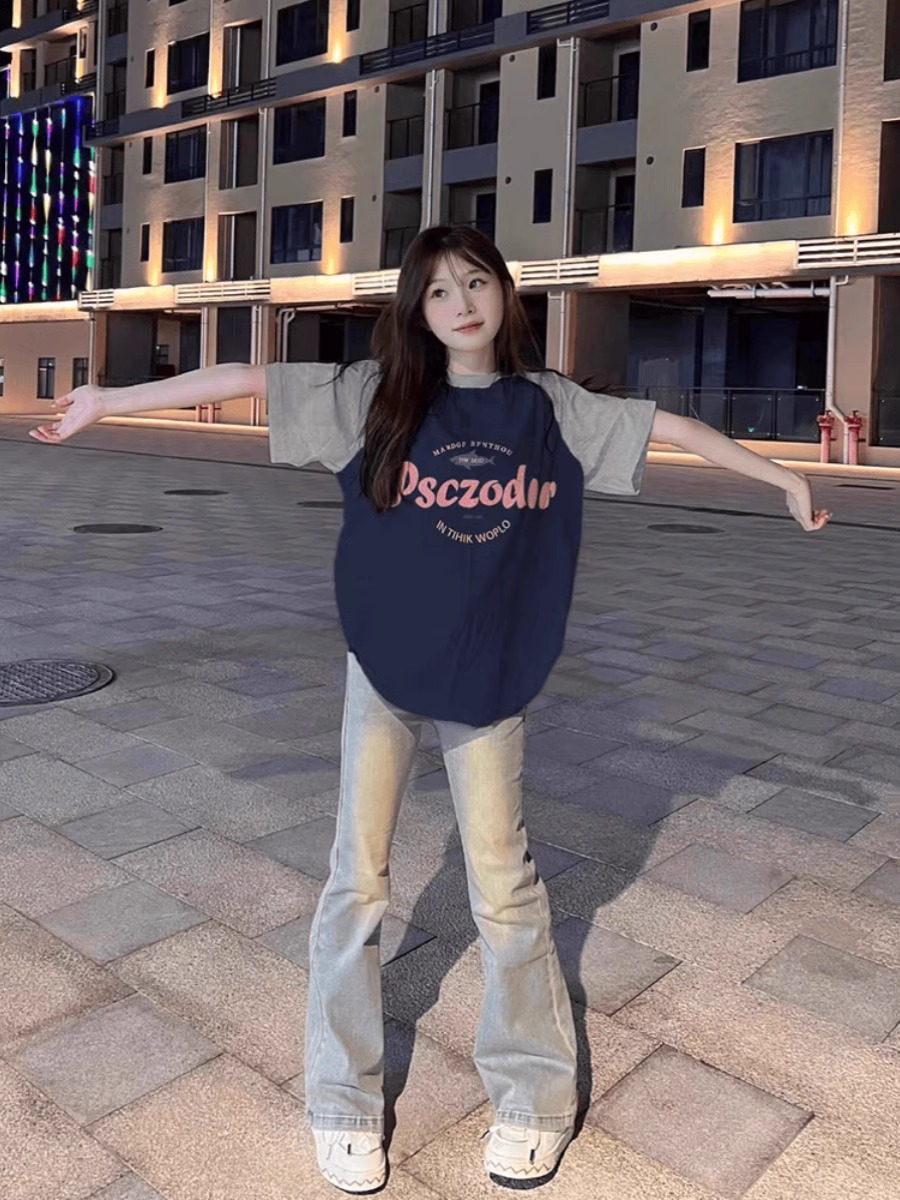 Plus Size American Retro Color-Blocking Raglan Short Sleeve T-Shirt for Women - Trendy Loose Fit Cotton Top Plus Size American Retro Color-Blocking Raglan Short Sleeve T-Shirt for Women - Trendy Loose Fit Cotton Top