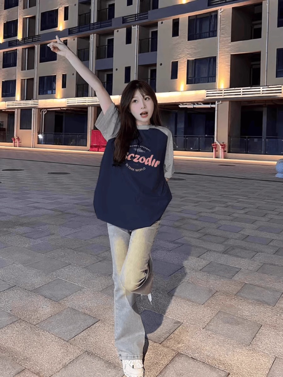 Plus Size American Retro Color-Blocking Raglan Short Sleeve T-Shirt for Women - Trendy Loose Fit Cotton Top Plus Size American Retro Color-Blocking Raglan Short Sleeve T-Shirt for Women - Trendy Loose Fit Cotton Top