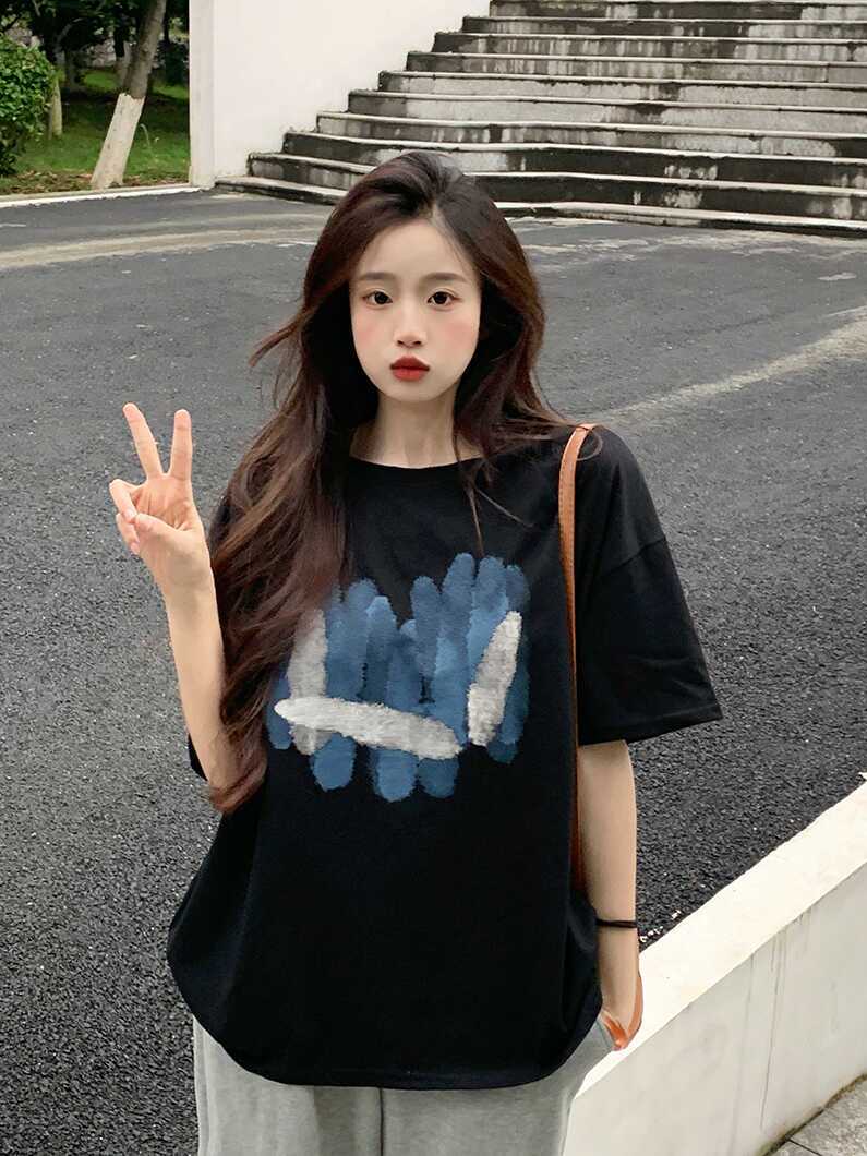 Plus Size American Retro Cotton Short Sleeve T-Shirt for Men & Women, Loose Oversized Black Couple Top - Y2K Style Plus Size American Retro Cotton Short Sleeve T-Shirt for Men & Women, Loose Oversized Black Couple Top - Y2K Style