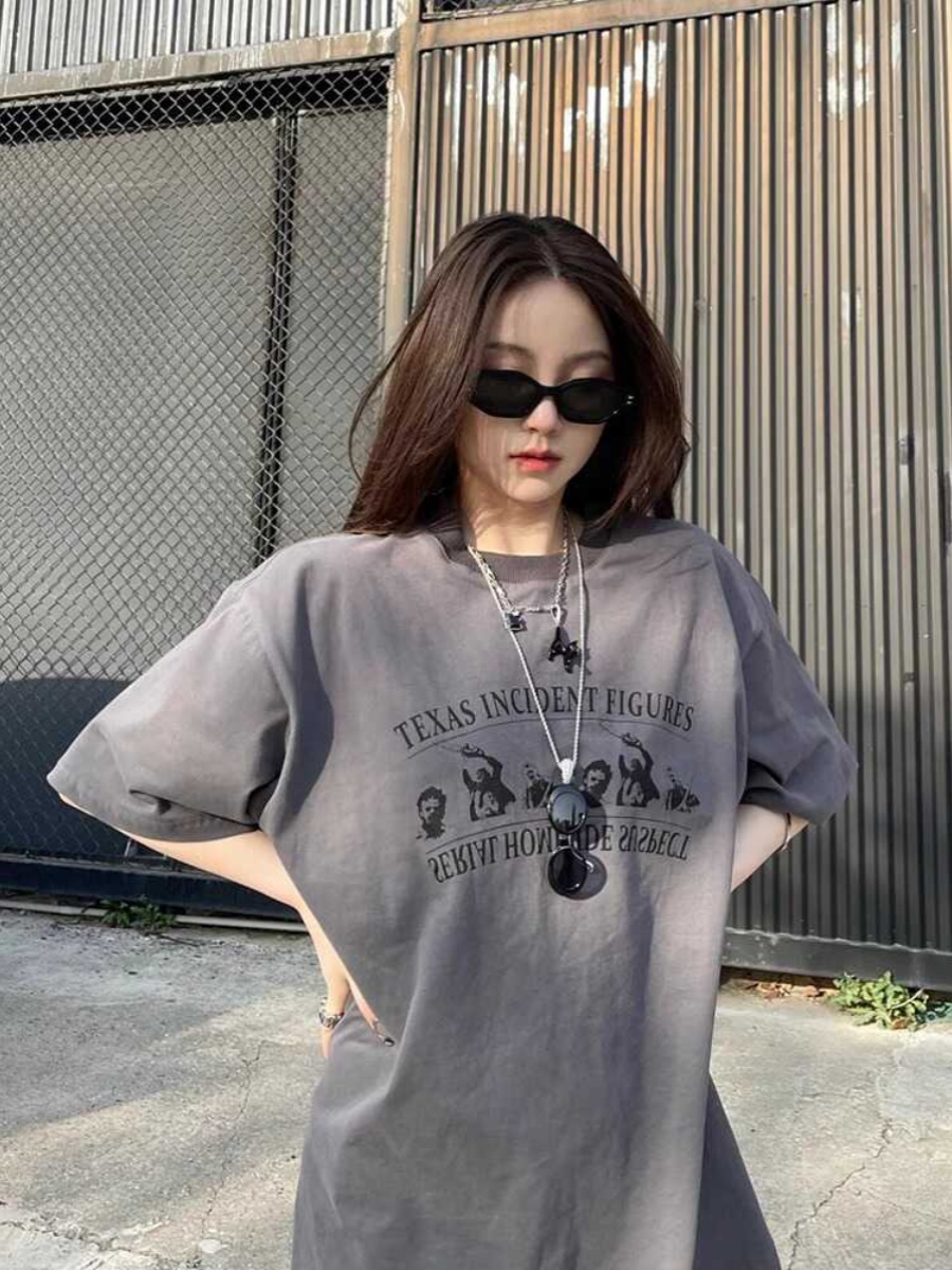 Plus-Size American Retro Cotton Short-Sleeve T-Shirt for Women - Oversized Loose Fit Summer Top, Casual Y2K Style Plus-Size American Retro Cotton Short-Sleeve T-Shirt for Women - Oversized Loose Fit Summer Top, Casual Y2K Style