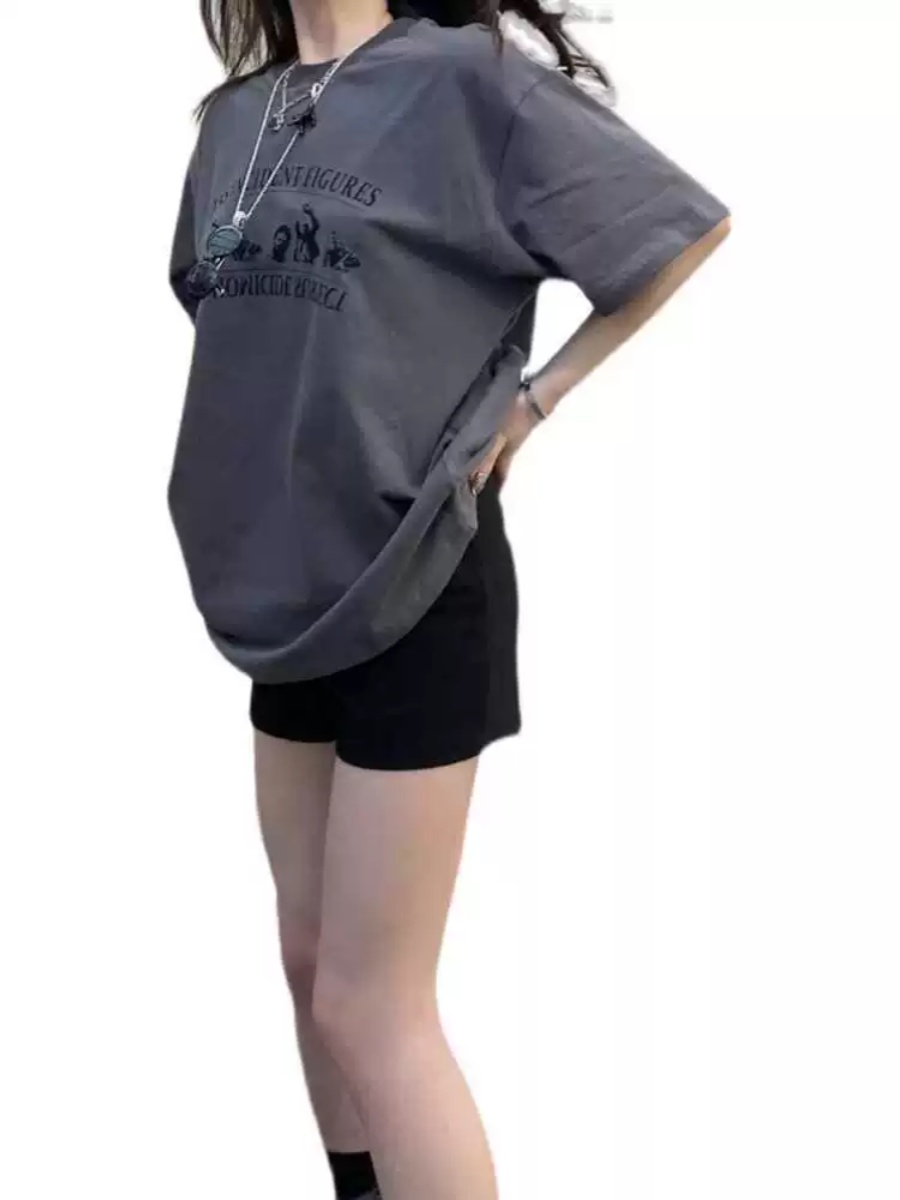 Plus-Size American Retro Cotton Short-Sleeve T-Shirt for Women - Oversized Loose Fit Summer Top, Casual Y2K Style Plus-Size American Retro Cotton Short-Sleeve T-Shirt for Women - Oversized Loose Fit Summer Top, Casual Y2K Style