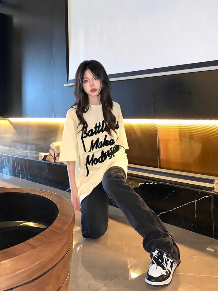 Plus Size American Retro Heart Print Short-Sleeve T-Shirt for Women - Summer Loose Fit Cotton Top Plus Size American Retro Heart Print Short-Sleeve T-Shirt for Women - Summer Loose Fit Cotton Top