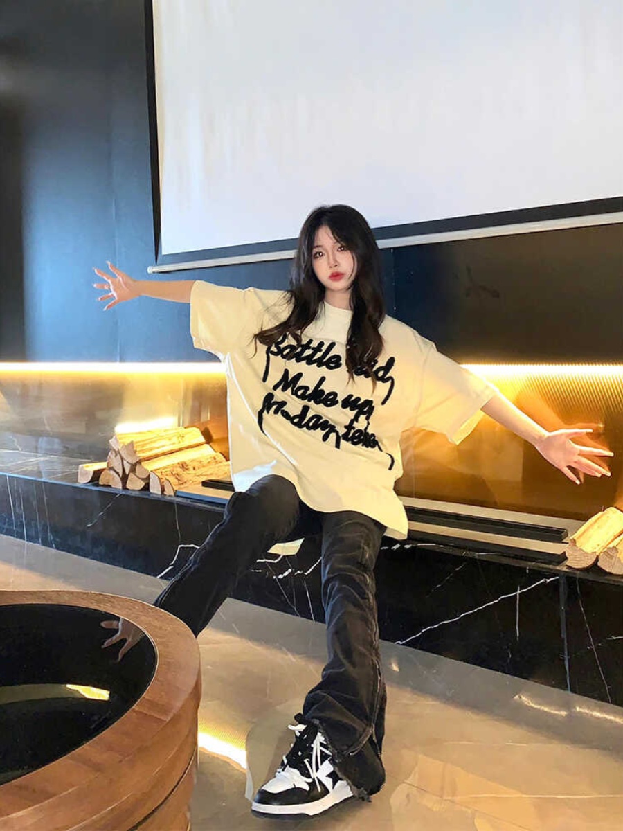 Plus Size American Retro Heart Print Short-Sleeve T-Shirt for Women - Summer Loose Fit Cotton Top Plus Size American Retro Heart Print Short-Sleeve T-Shirt for Women - Summer Loose Fit Cotton Top