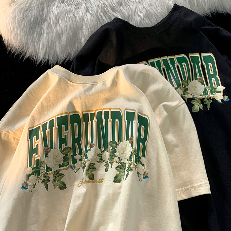 Plus-Size American Retro Rose Print Short Sleeve T-Shirt for Men and Women, Oversized Loose Couple Outfit, Y2K Style Plus-Size American Retro Rose Print Short Sleeve T-Shirt for Men and Women, Oversized Loose Couple Outfit, Y2K Style