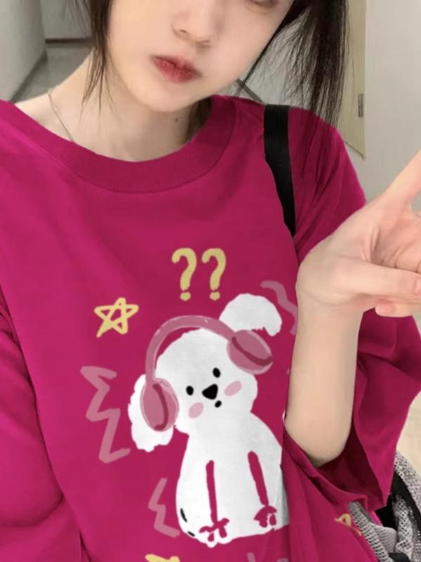 Plus Size American Retro Rose Red Short Sleeve T-Shirt for Women, Trendy Loose Fit, Niche Couple Outfit, Y2K Style. Plus Size American Retro Rose Red Short Sleeve T-Shirt for Women, Trendy Loose Fit, Niche Couple Outfit, Y2K Style.