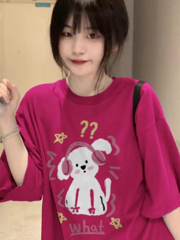 Plus Size American Retro Rose Red Short Sleeve T-Shirt for Women, Trendy Loose Fit, Niche Couple Outfit, Y2K Style. Plus Size American Retro Rose Red Short Sleeve T-Shirt for Women, Trendy Loose Fit, Niche Couple Outfit, Y2K Style.