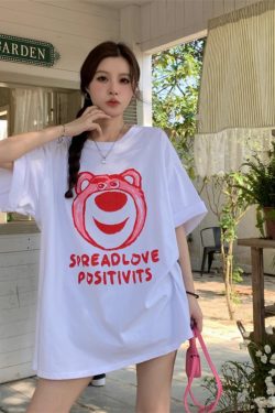 Plus Size American Retro Strawberry Bear Printed Cotton Short Sleeve T-Shirt for Women - Loose Fit Mid-Length Couple Top