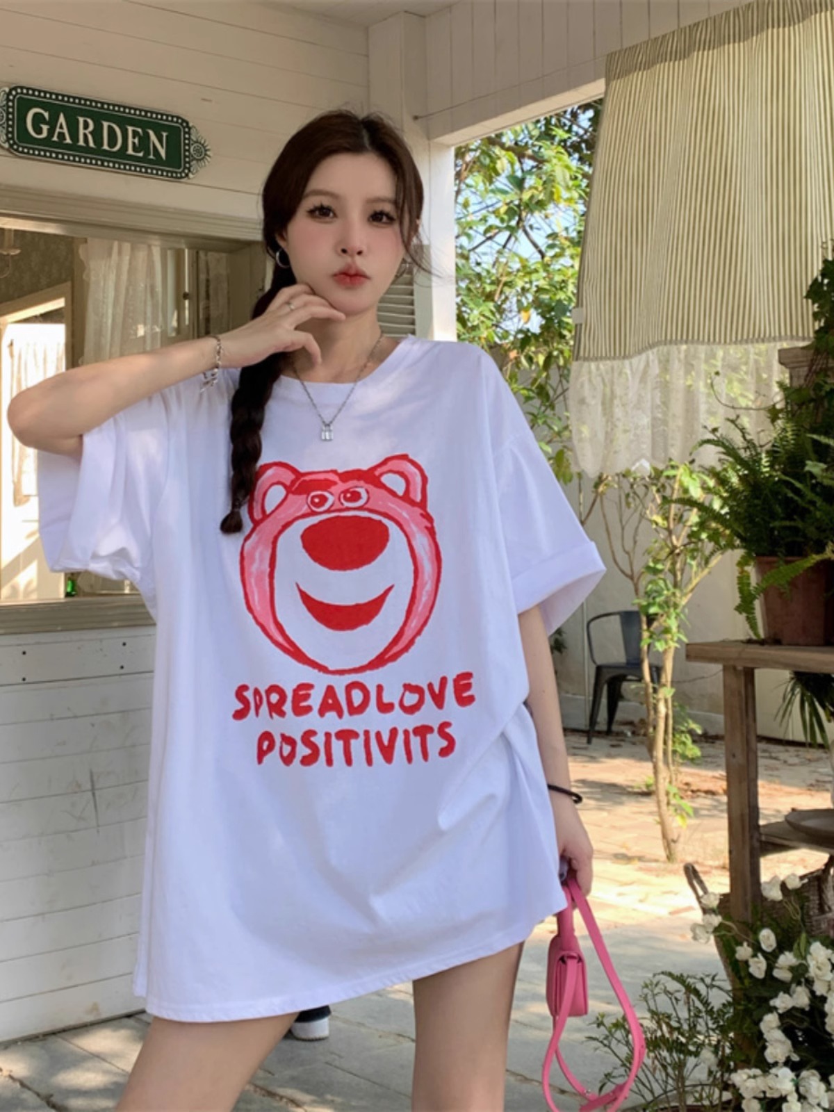 Plus Size American Retro Strawberry Bear Printed Cotton Short Sleeve T-Shirt for Women - Loose Fit Mid-Length Couple Top Plus Size American Retro Strawberry Bear Printed Cotton Short Sleeve T-Shirt for Women - Loose Fit Mid-Length Couple Top