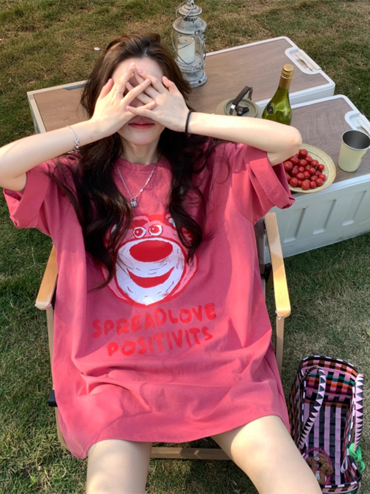 Plus Size American Retro Strawberry Bear Printed Cotton Short Sleeve T-Shirt for Women - Loose Fit Mid-Length Couple Top Plus Size American Retro Strawberry Bear Printed Cotton Short Sleeve T-Shirt for Women - Loose Fit Mid-Length Couple Top