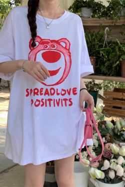 Plus Size American Retro Strawberry Bear Printed Cotton Short Sleeve T-Shirt for Women - Loose Fit Mid-Length Couple Top