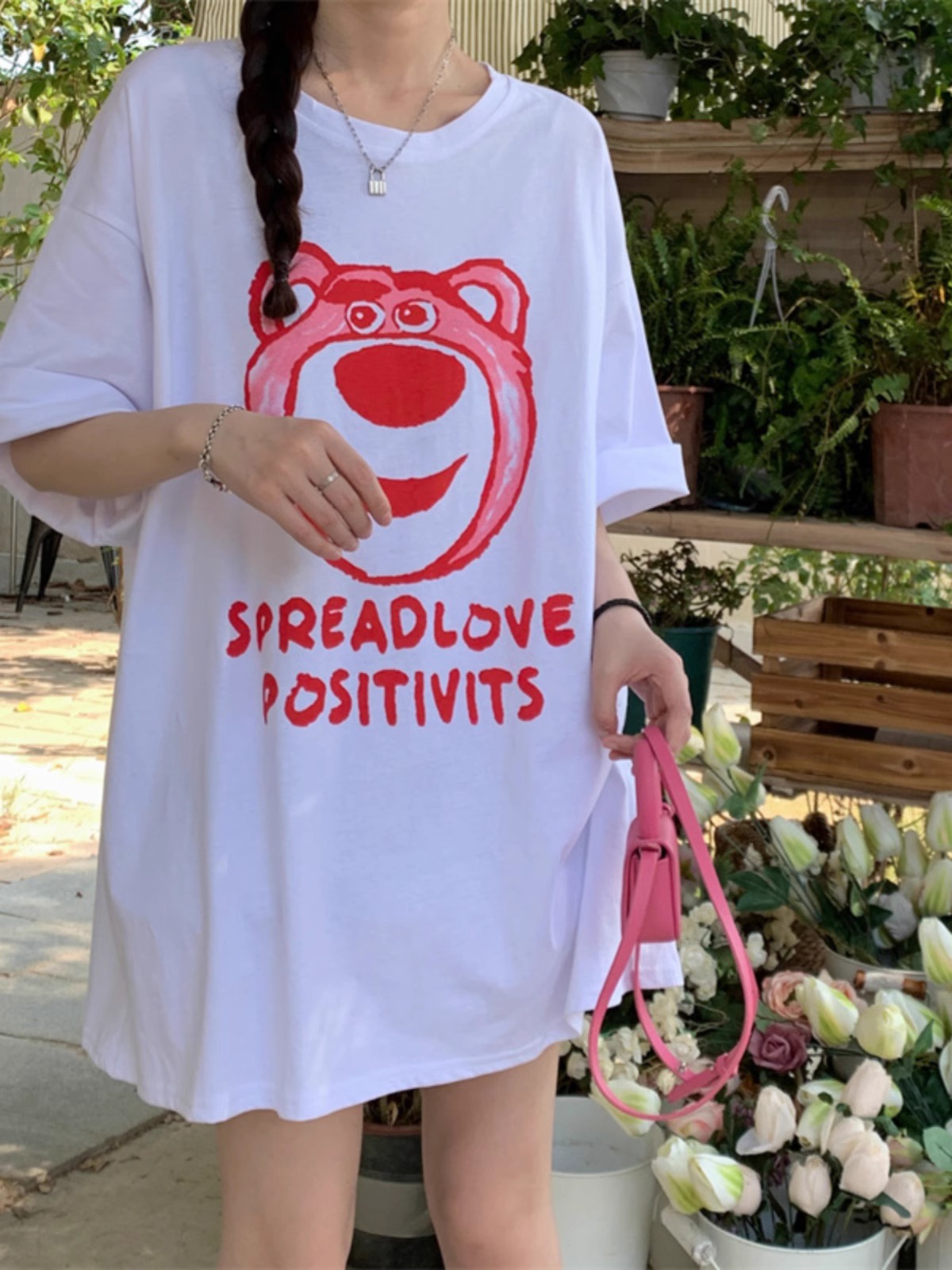 Plus Size American Retro Strawberry Bear Printed Cotton Short Sleeve T-Shirt for Women - Loose Fit Mid-Length Couple Top Plus Size American Retro Strawberry Bear Printed Cotton Short Sleeve T-Shirt for Women - Loose Fit Mid-Length Couple Top