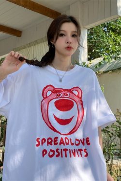 Plus Size American Retro Strawberry Bear Printed Cotton Short Sleeve T-Shirt for Women - Loose Fit Mid-Length Couple Top