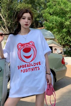 Plus Size American Retro Strawberry Bear Printed Cotton Short Sleeve T-Shirt for Women - Loose Fit Mid-Length Couple Top