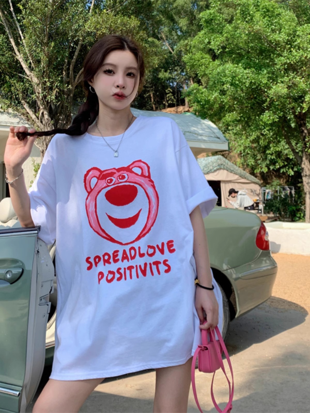 Plus Size American Retro Strawberry Bear Printed Cotton Short Sleeve T-Shirt for Women - Loose Fit Mid-Length Couple Top Plus Size American Retro Strawberry Bear Printed Cotton Short Sleeve T-Shirt for Women - Loose Fit Mid-Length Couple Top