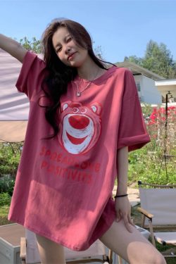 Plus Size American Retro Strawberry Bear Printed Cotton Short Sleeve T-Shirt for Women - Loose Fit Mid-Length Couple Top