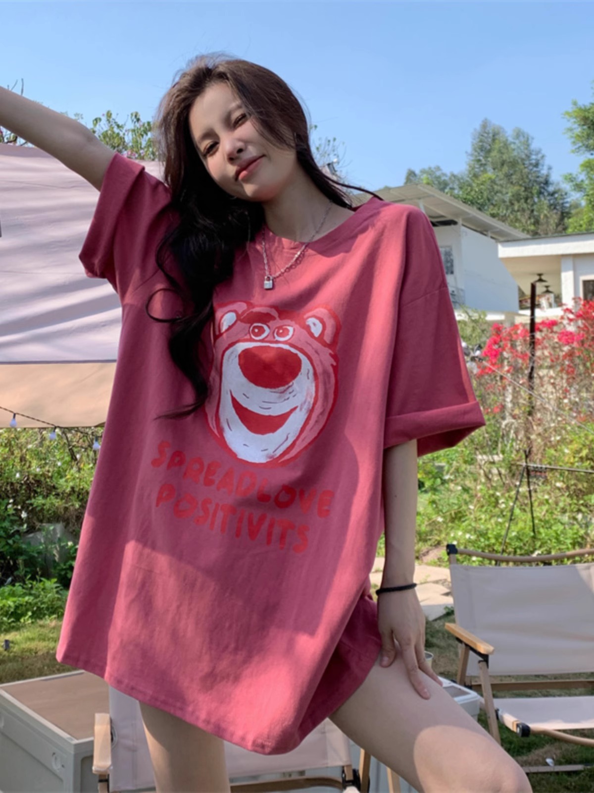 Plus Size American Retro Strawberry Bear Printed Cotton Short Sleeve T-Shirt for Women - Loose Fit Mid-Length Couple Top Plus Size American Retro Strawberry Bear Printed Cotton Short Sleeve T-Shirt for Women - Loose Fit Mid-Length Couple Top