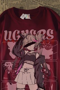 Plus Size American Retro Streetwear Anime Girl Short Sleeve T-Shirt for Men - Casual Loose Fit Cotton Couple Top